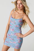 Floral Mesh Ruched Strappy Back Mini Dress
