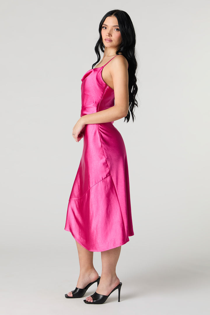 Satin Cowl Neck Midi Slip Dress - Fuchsia / M