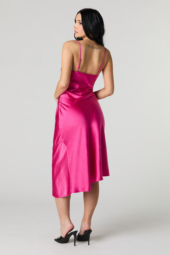 Satin Cowl Neck Midi Slip Dress - Fuchsia / M