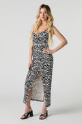Printed Corset Open Back Slit Maxi Dress - Black with White