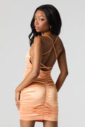 Satin Ruched Open Back Mini Dress