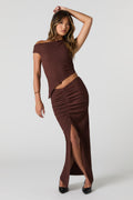 Textured Ruched Slit Maxi Skirt