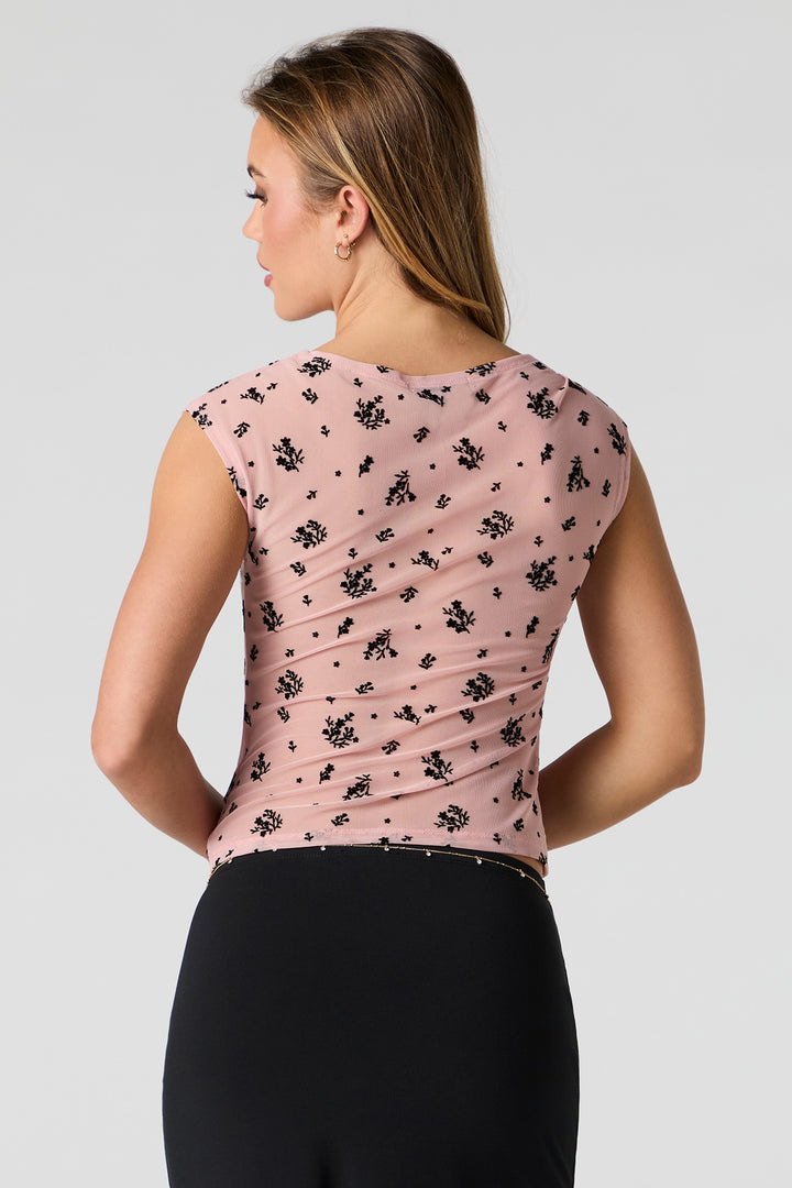 Flocked Floral Mesh Top - Light Pink / Small