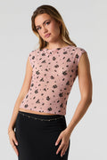 Flocked Floral Mesh Top - Light Pink / Small