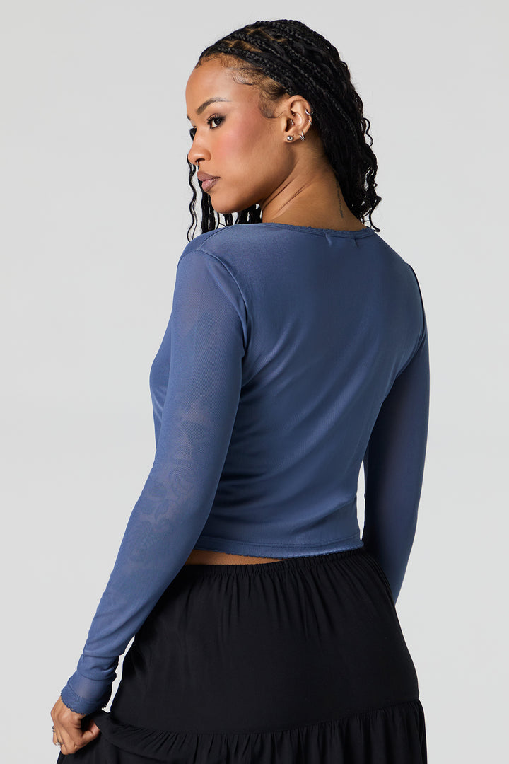 Mesh Cropped Button-Up Top - Navy