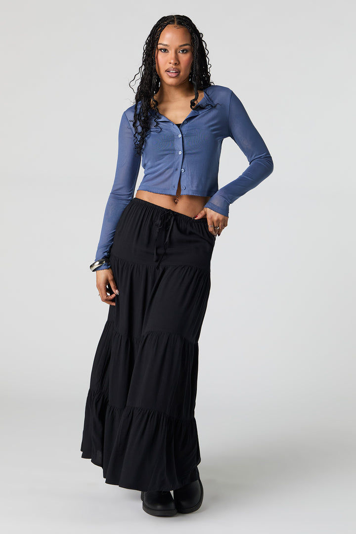 Mesh Cropped Button-Up Top - Navy