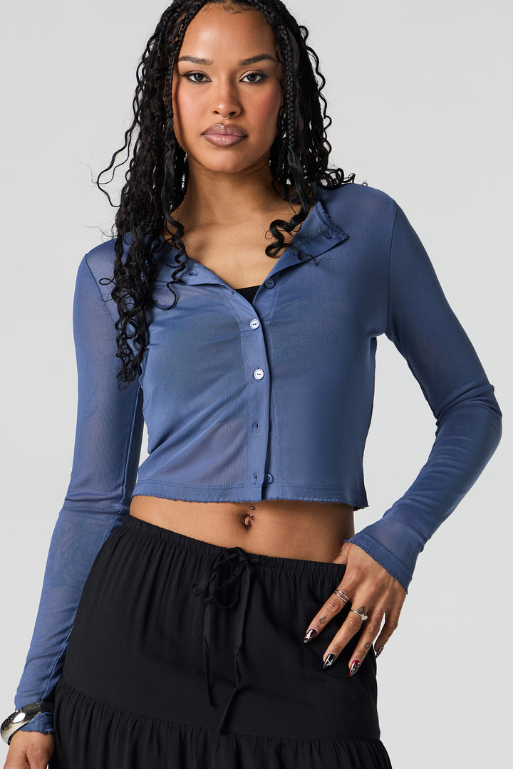 Mesh Cropped Button-Up Top - Navy