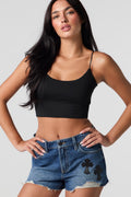 Cross Applique Distressed Denim Short - Denim Blue / 3