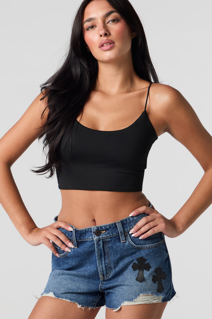 Cross Applique Distressed Denim Short - Denim Blue / 3