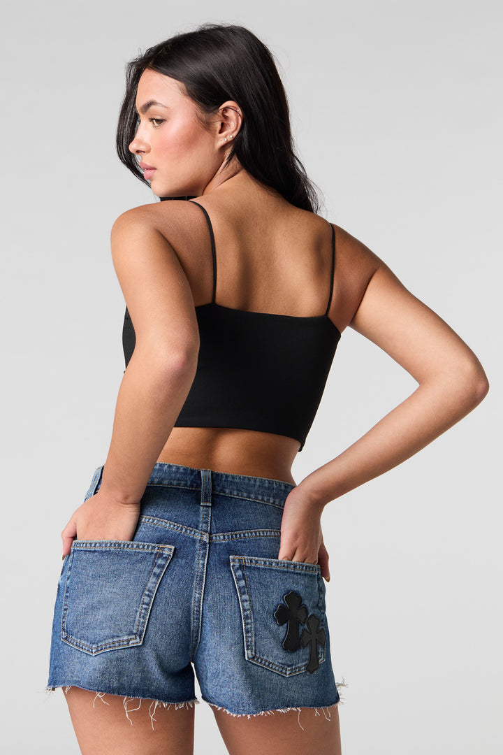 Cross Applique Distressed Denim Short - Denim Blue / 3