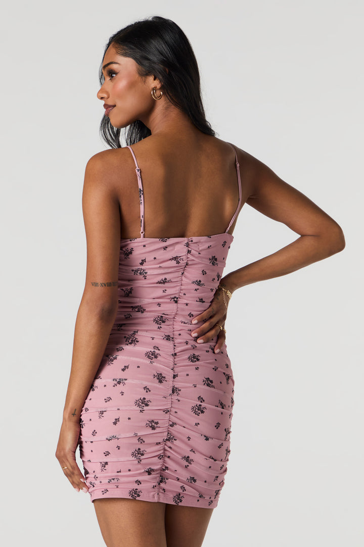 Mesh Ruched Mini Dress - Pink