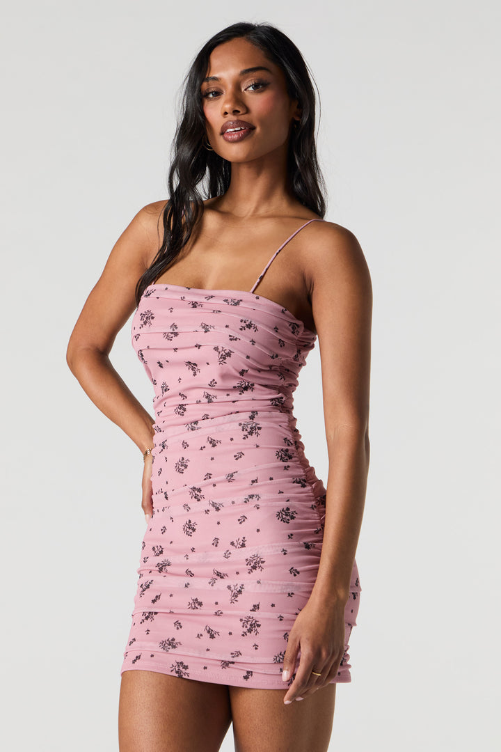 Mesh Ruched Mini Dress - Pink