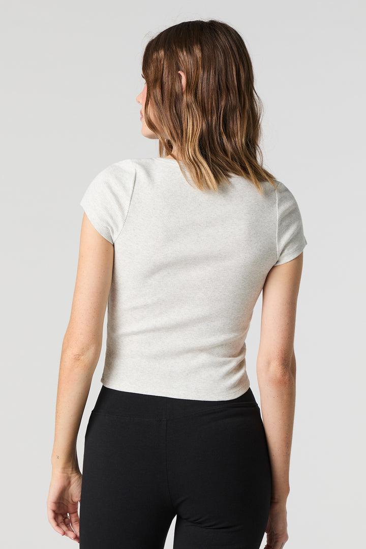 Ribbed Scoop Neck Button Front Top - Large
