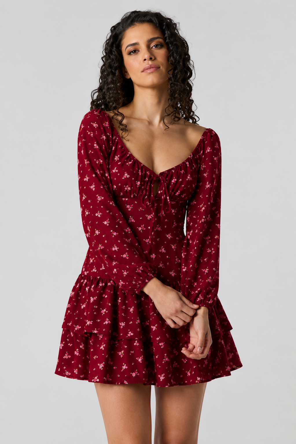 Flowy Fit & Flare Long Sleeve Mini Dress