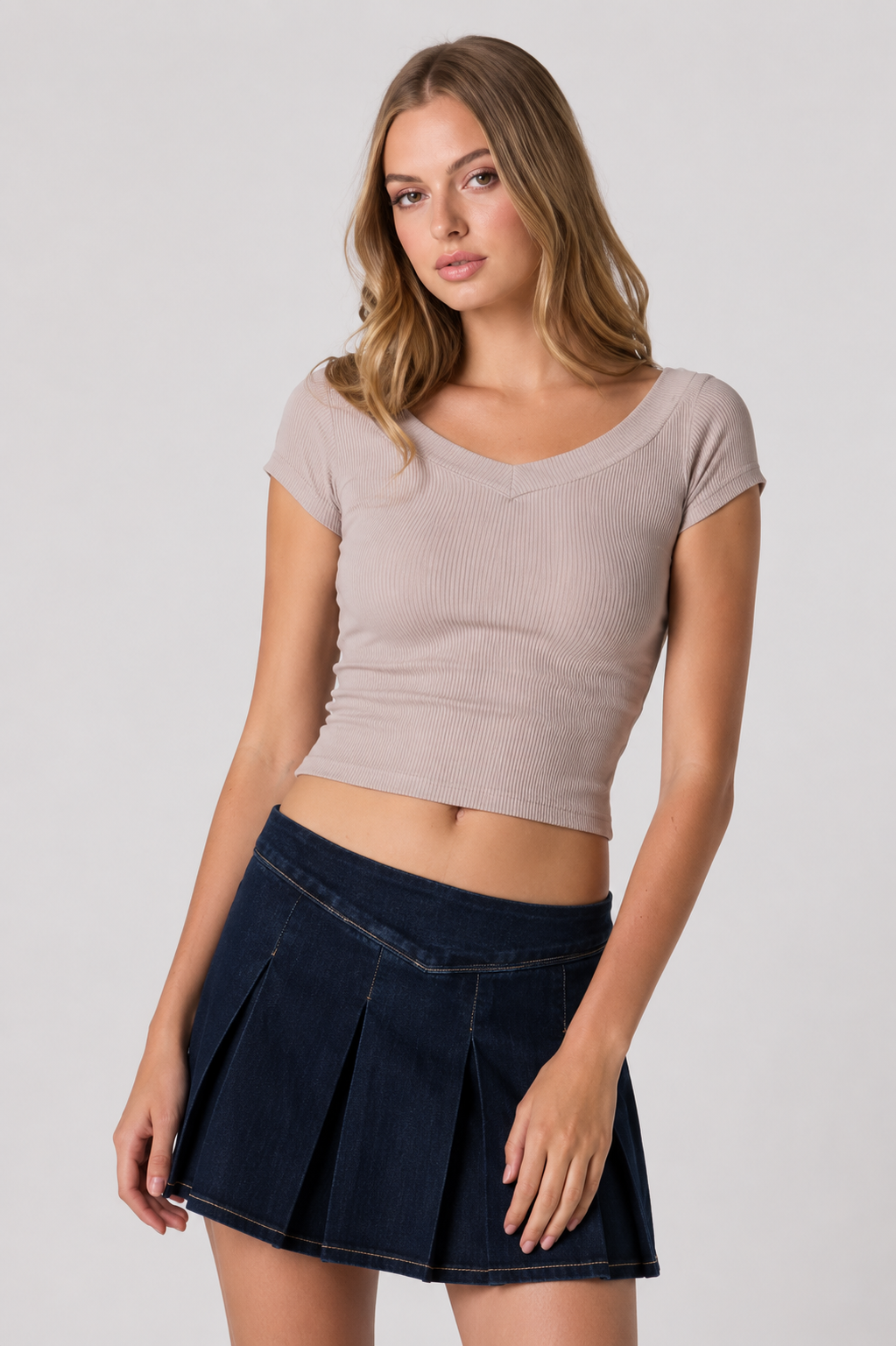 Ribbed Wide V-Neck Cropped T-Shirt